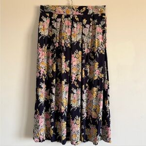Vintage Floral Navy Midi Petite Skirt with Pink and Yellow Blooms